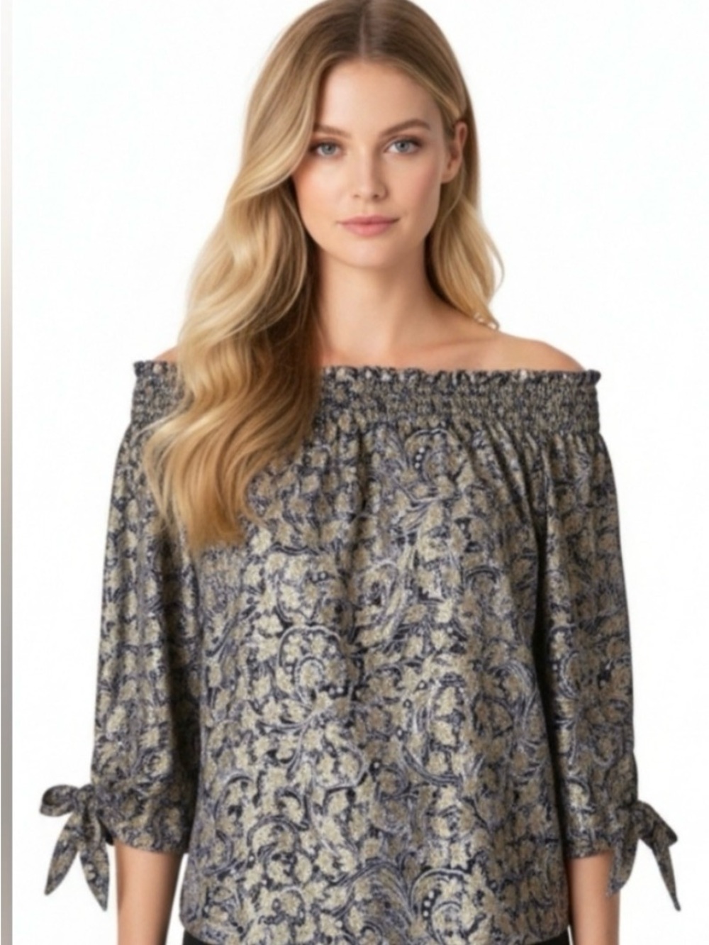 NWOT MICHAEL Michael Kors Gold and Blue Off-Shoulder Top Size MP